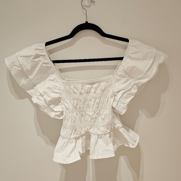 Zara White Puff Sleeve Smocked Cropped Top S - Picture 2 of 5